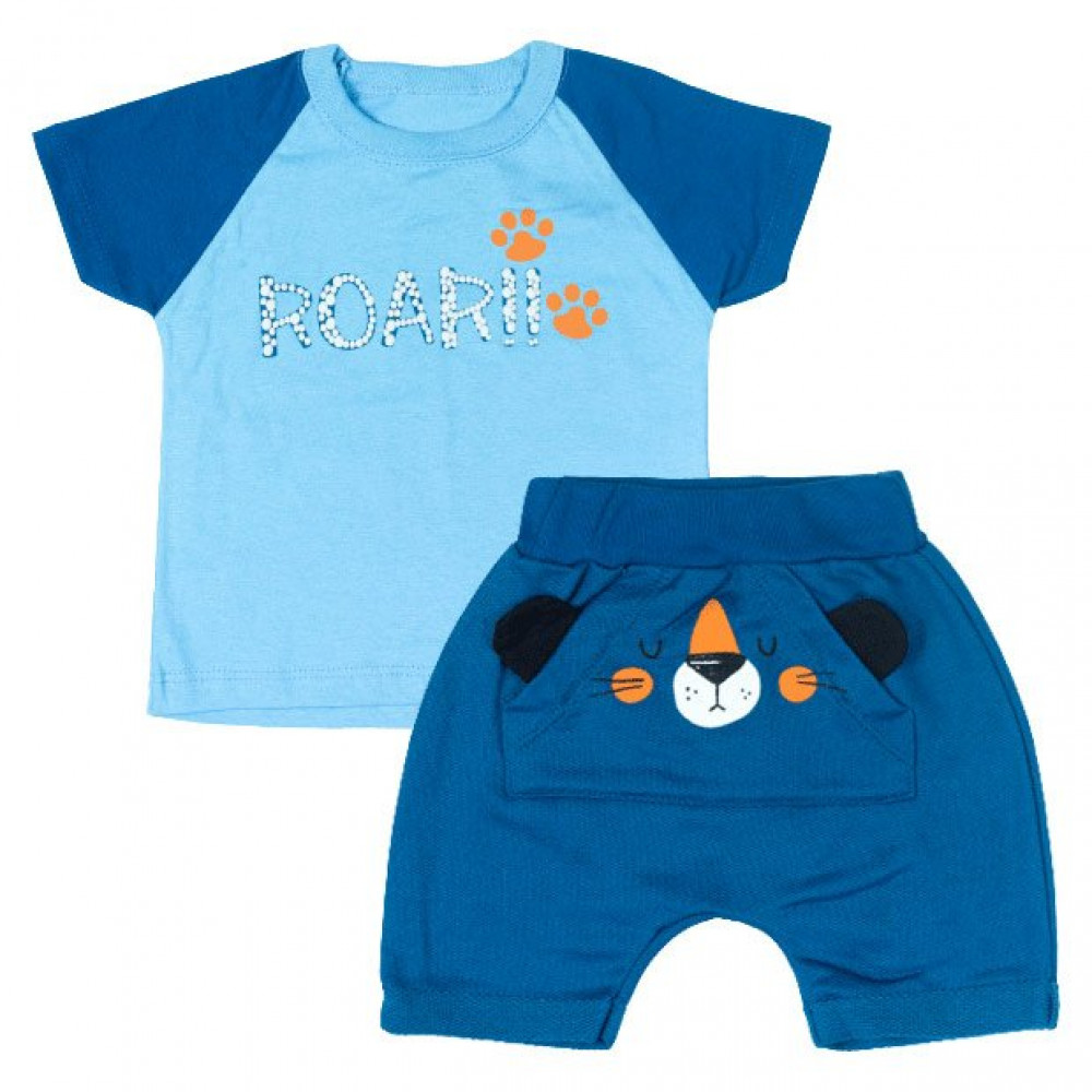 CONJUNTO CURTO CAMISETA E BERMUDA PARA BEBÊ ESTAMPADO ROAR AZUL