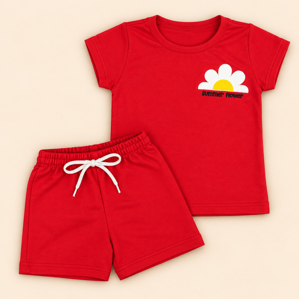 Conjunto Infantil Menina Blusa Bordada e Shorts Monocromático Vermelho de 2 até 10 anos 