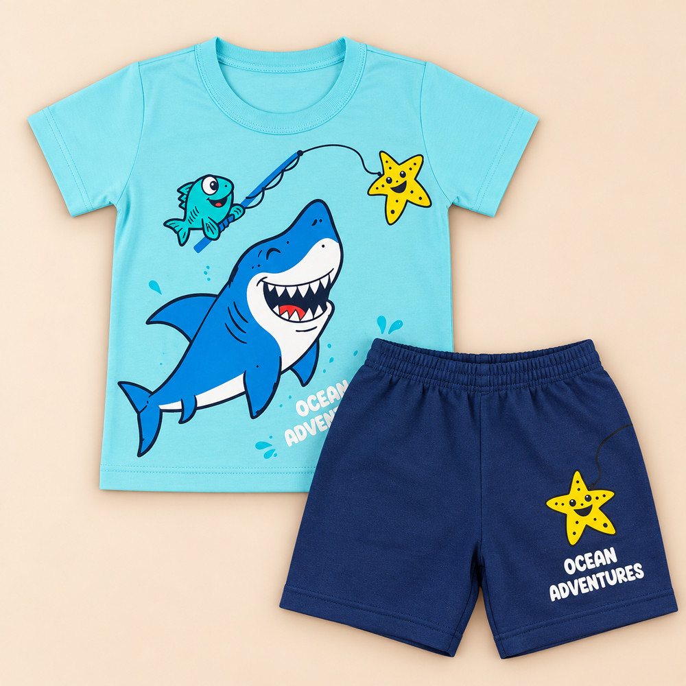 Conjunto Menino até 10 anos Camiseta Algodão e Bermuda Look Coordenado Turquesa