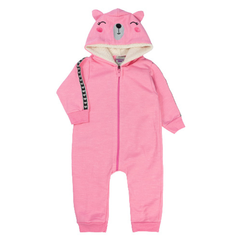 MACACÃO PARA BEBÊ EM MOLETOM JETT COM CAPUZ INTERATIVO URSINHA ROSA CLARO