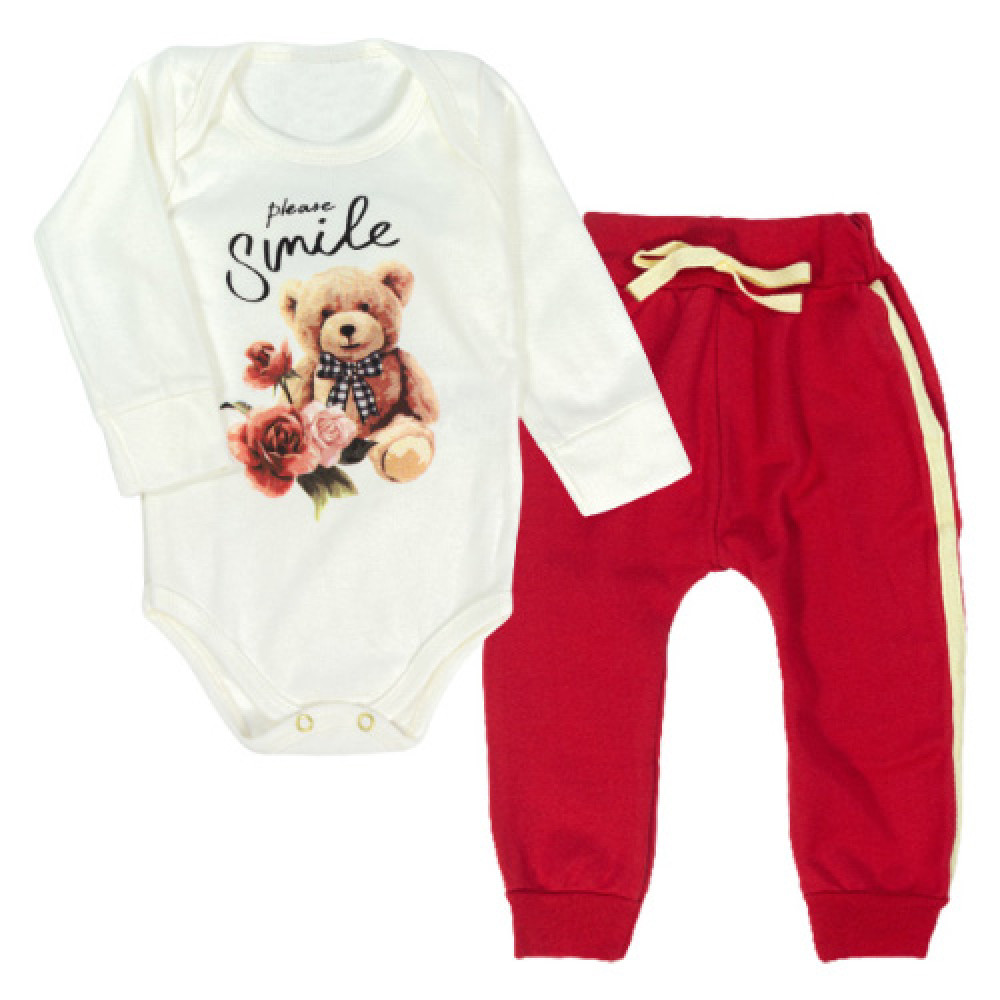 CONJUNTO LONGO BEBÊ EM MOLETOM BODY E CALÇA ESTAMPA URSINHA CREME