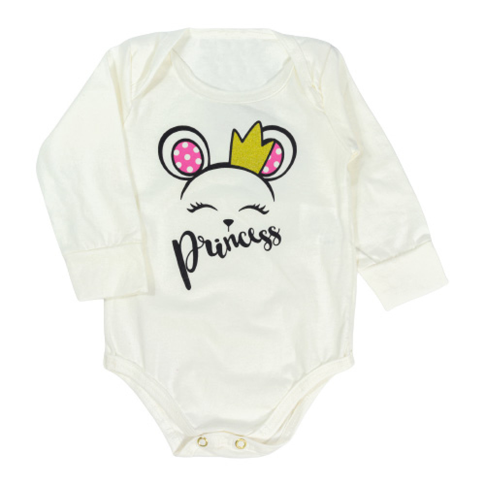 CONJUNTO LONGO BEBÊ EM MOLETOM BODY E CALÇA ESTAMPA PRINCESA CREME