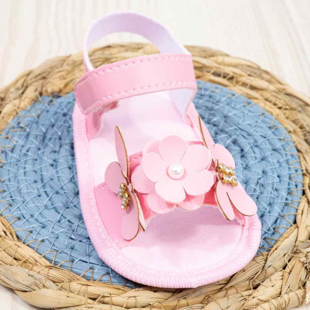 SANDÁLIA COM VELCRO PARA BEBÊ MENINA FLOR E BORBOLETA ROSA CLARO