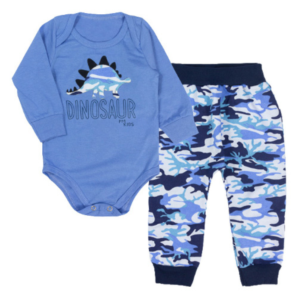 CONJUNTO LONGO BEBÊ EM MOLETOM BODY E CALÇA ESTAMPA DINO AZUL
