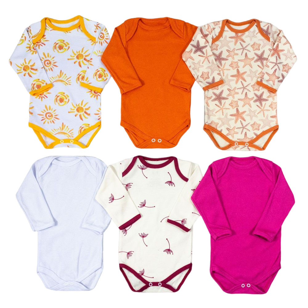 KIT BODY PARA BEBÊ 6 PÇS MANGA LONGA CORES E ESTAMPAS VARIADAS DENTE DE LEÃO