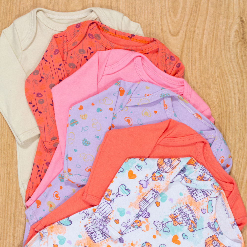 Kit 6 bodies para bebê menina manga longa 100% algodão