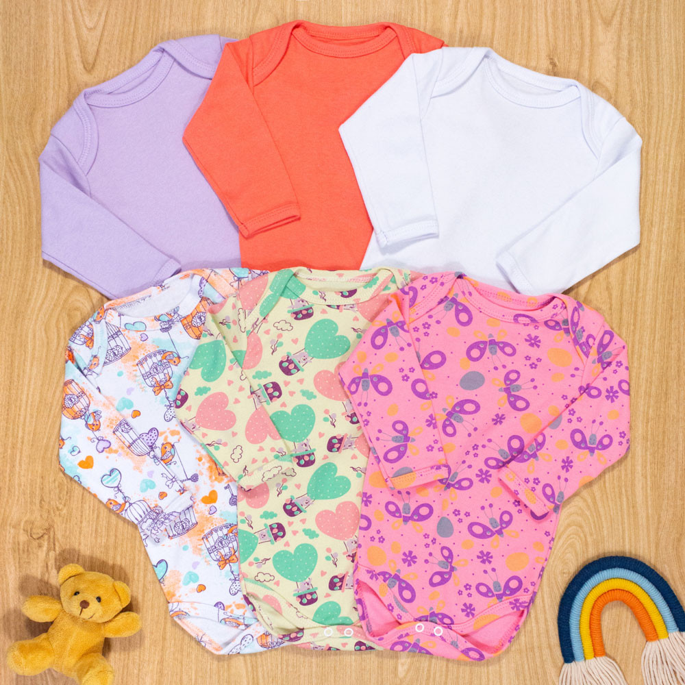 Kit body 100% algodão 6 pçs manga longa bebê menina