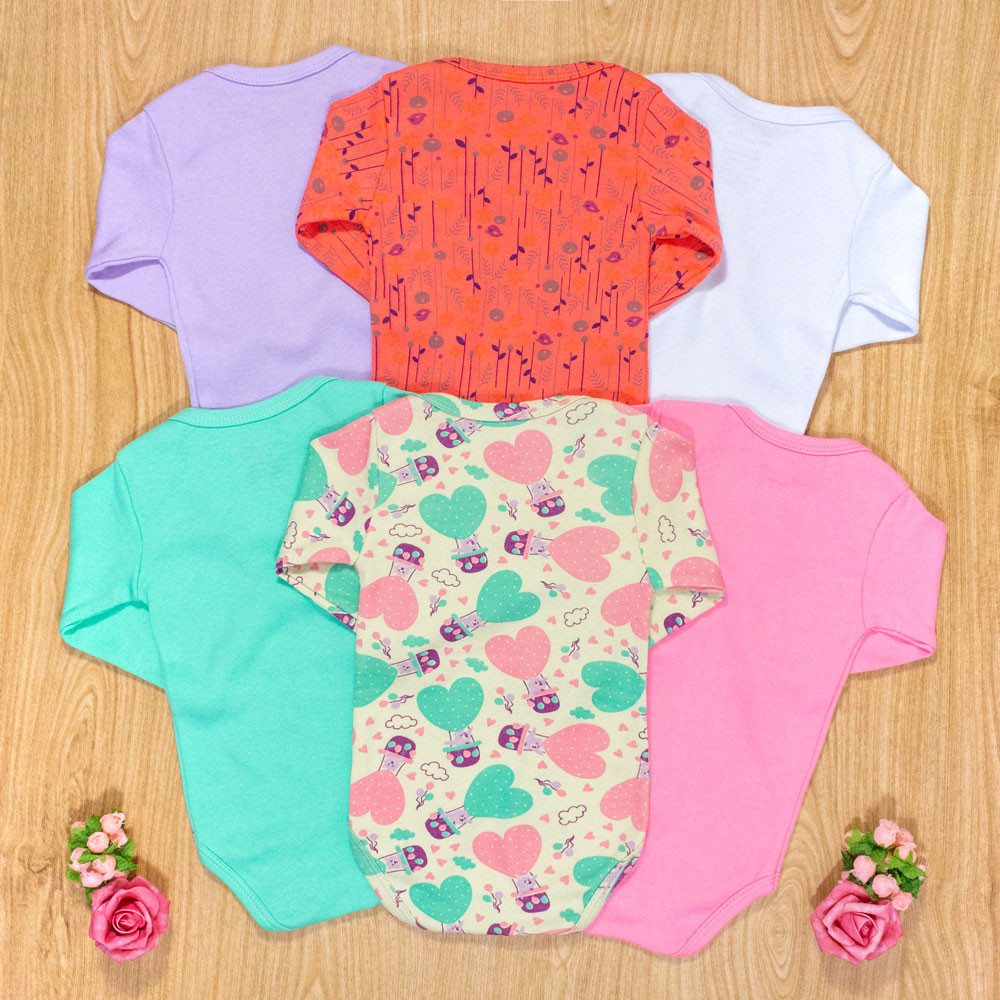 Body Bebê Menina Algodão Liso e Estampado Kit c/ 6 pçs