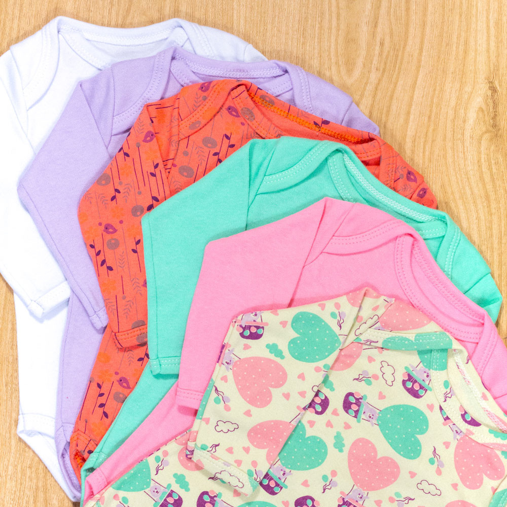 Body Bebê Menina Algodão Liso e Estampado Kit c/ 6 pçs