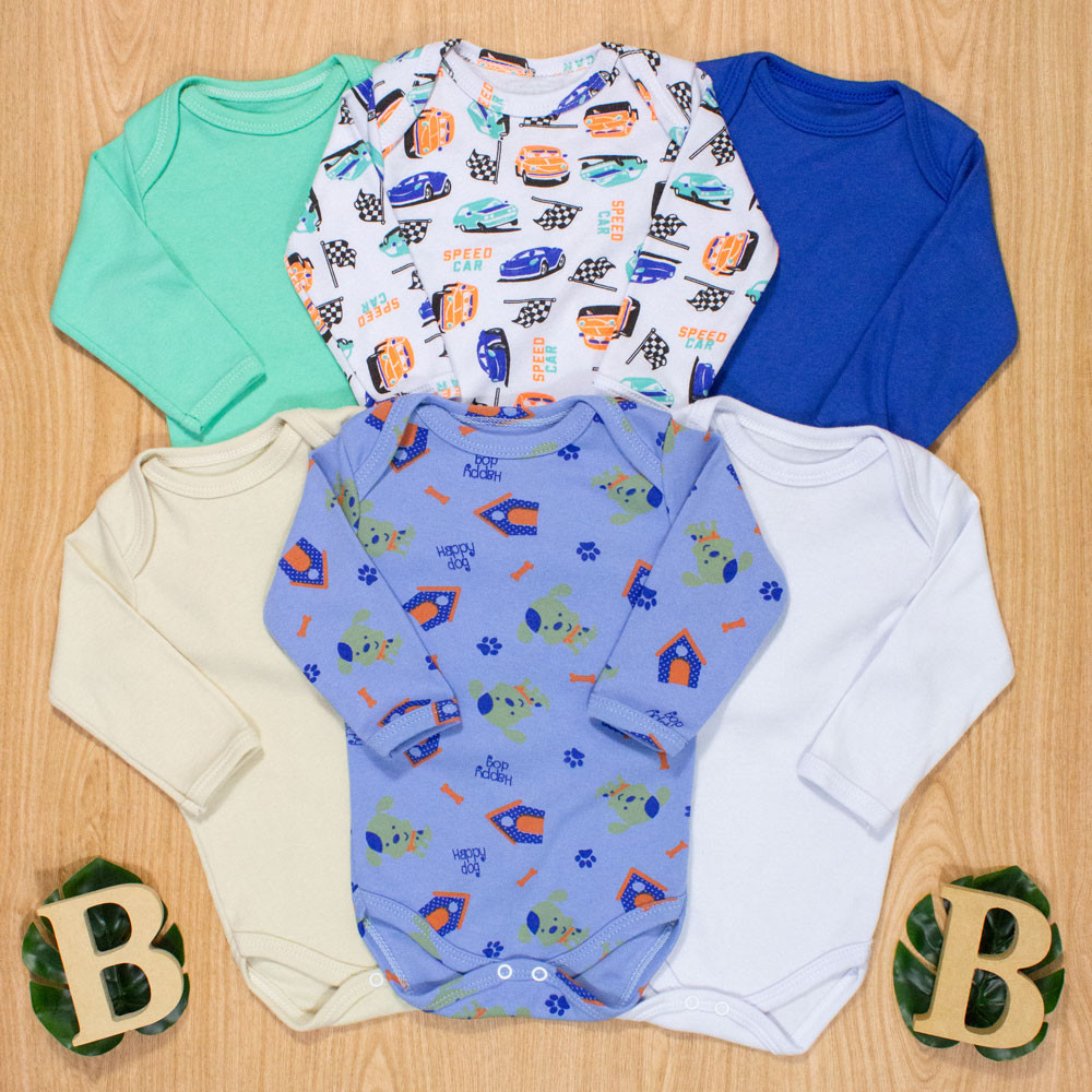 Kit 6 bodies para bebê menino manga longa 100% algodão