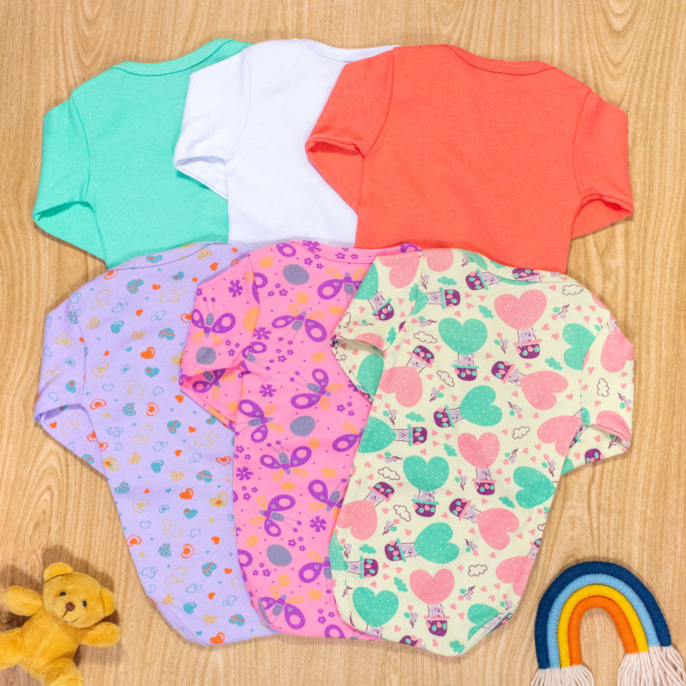 Kit body manga longa para bebê menina 6 peças 100% algodão