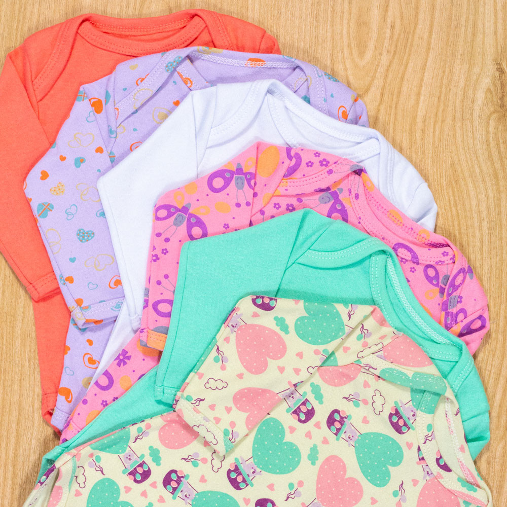 Kit body manga longa para bebê menina 6 peças 100% algodão