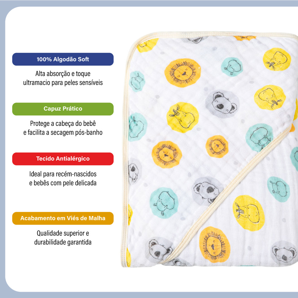 TOALHA DE BANHO FRALDA SOFT PARA BEBÊ COM CAPUZ AMIGUINHOS