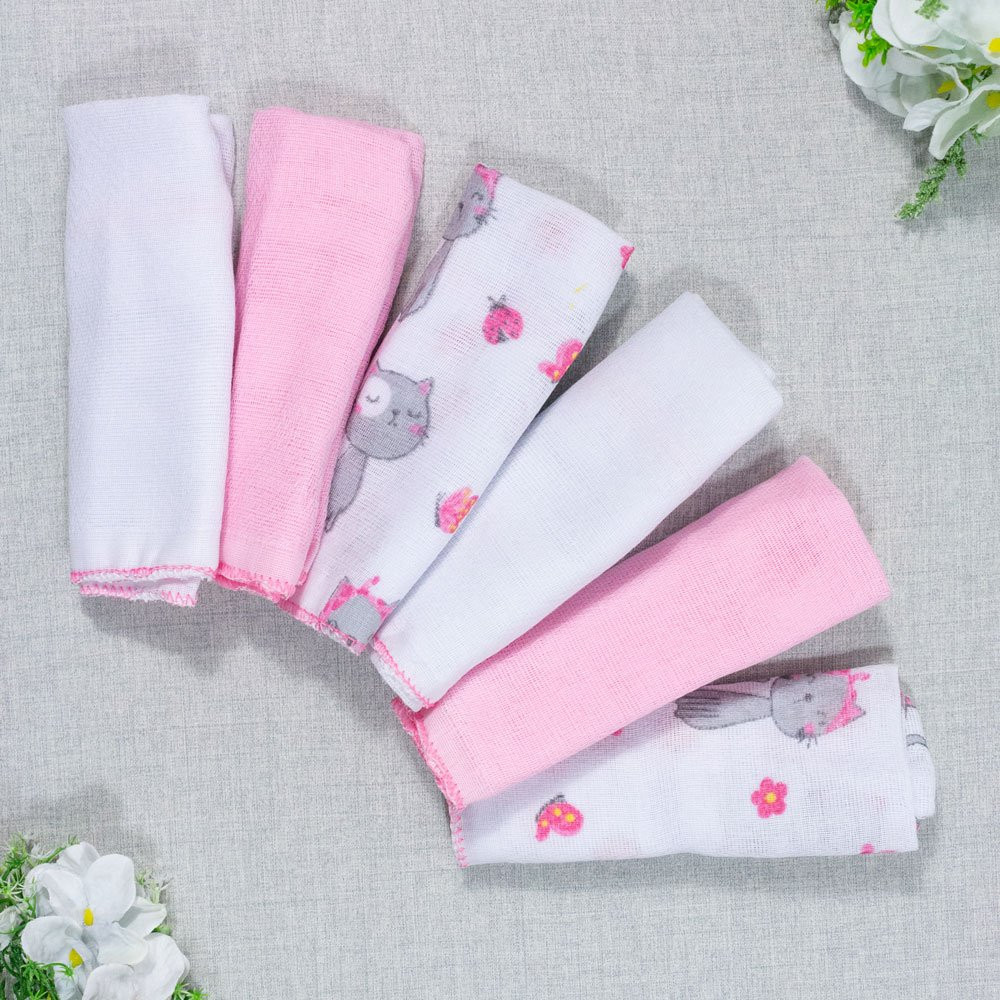 KIT 6 PANINHOS DE BOCA PARA BEBÊ ESTAMPINHAS SORTIDAS MENINA ROSA