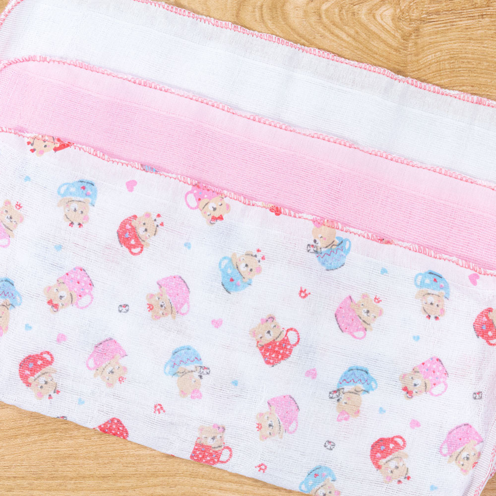 Kit 6 Paninhos de Boca Bebê Estampa Ursa Menina Rosa Sortida