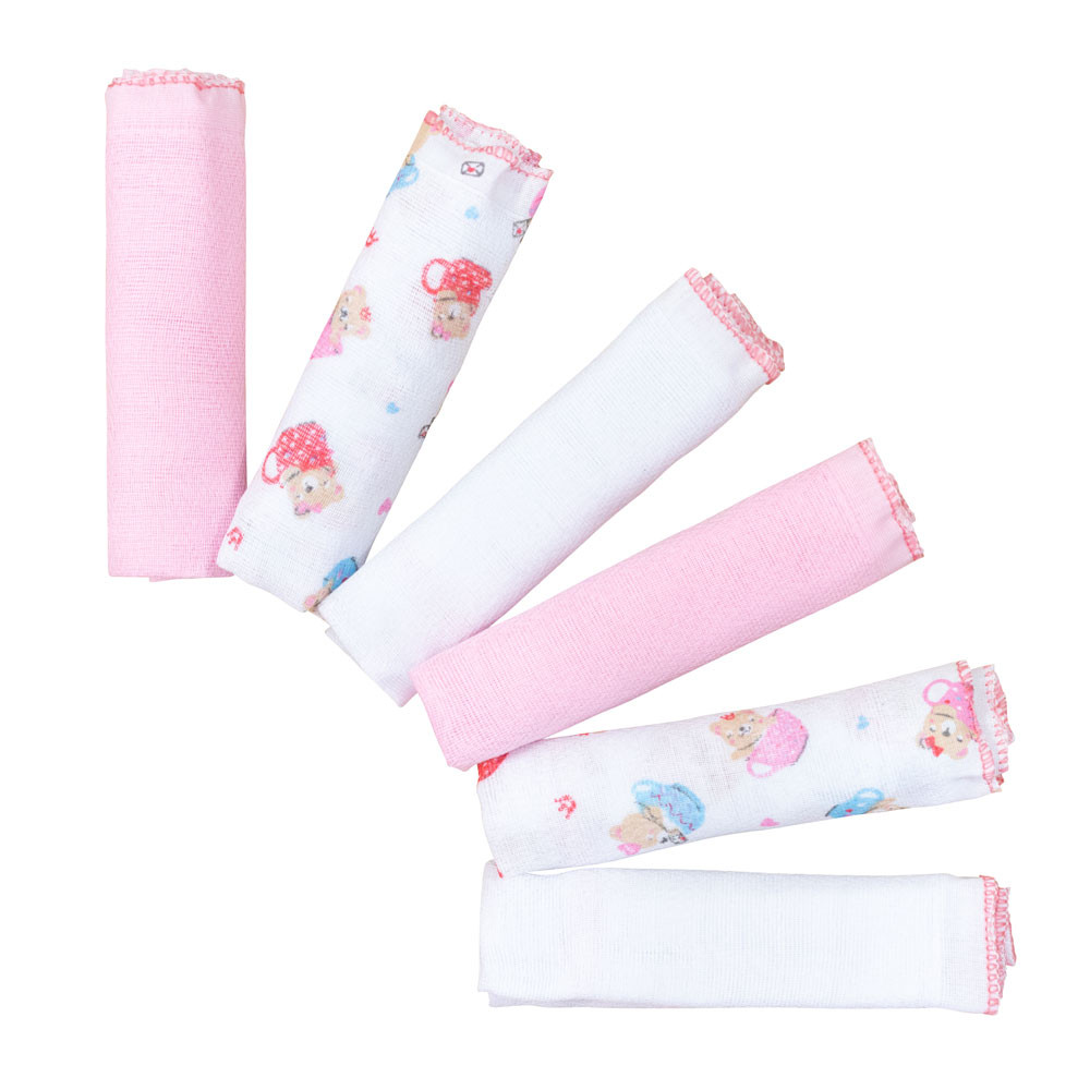 Kit 6 Paninhos de Boca Bebê Estampa Ursa Menina Rosa Sortida