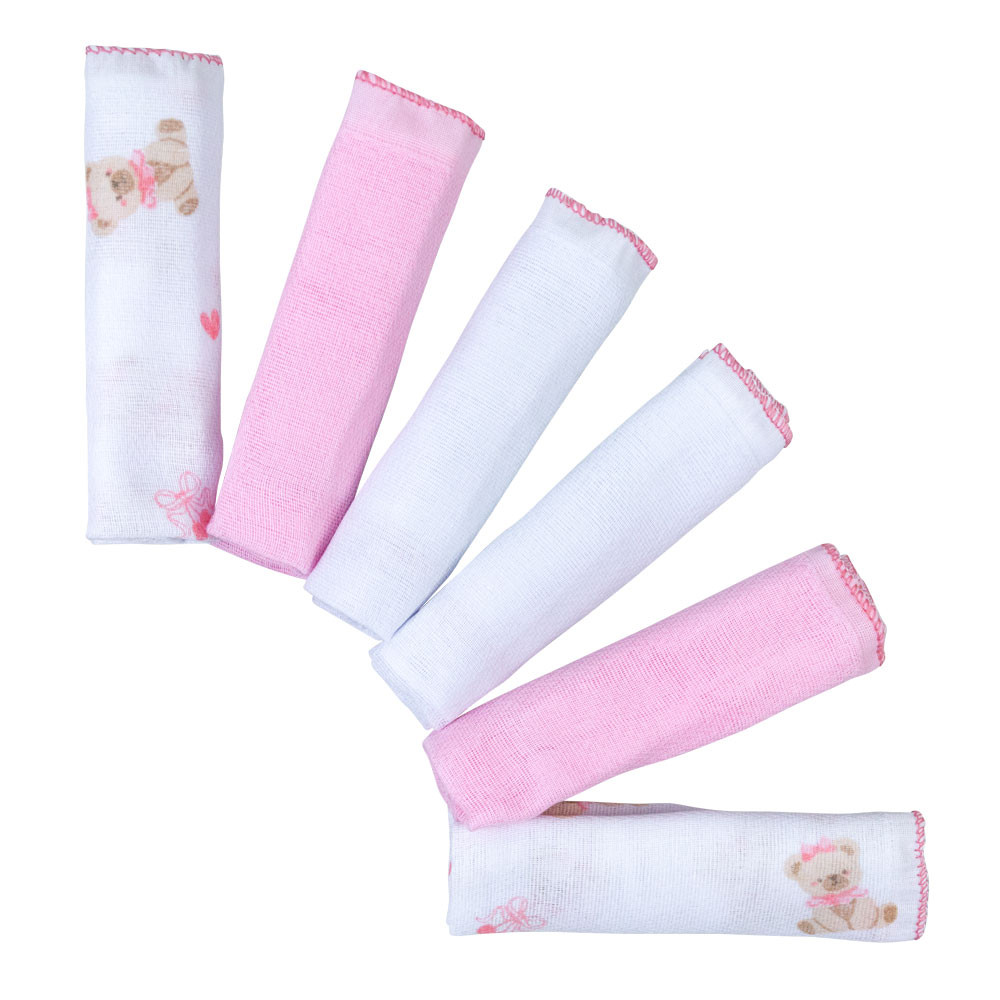 Kit 6 Paninhos de Boca Bebê Estampa Ursa Menina Rosa Sortida