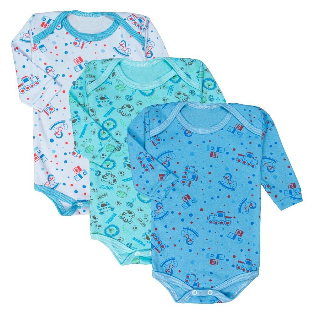 KIT COM 3 BODY LONGO PARA BEBÊ ESTAMPINHAS VARIADAS PARA MENINO