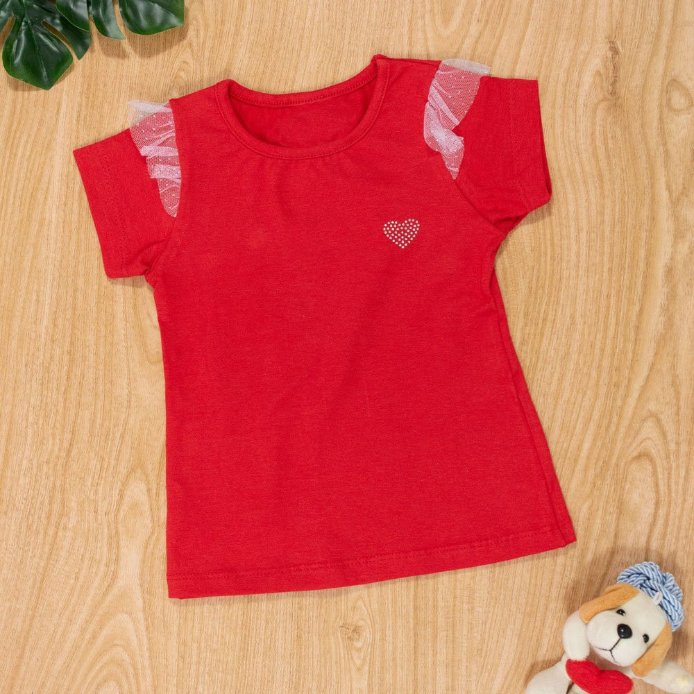 Blusa Infantil 1 Ao 3 Manga Curta Tule Coração Vermelho