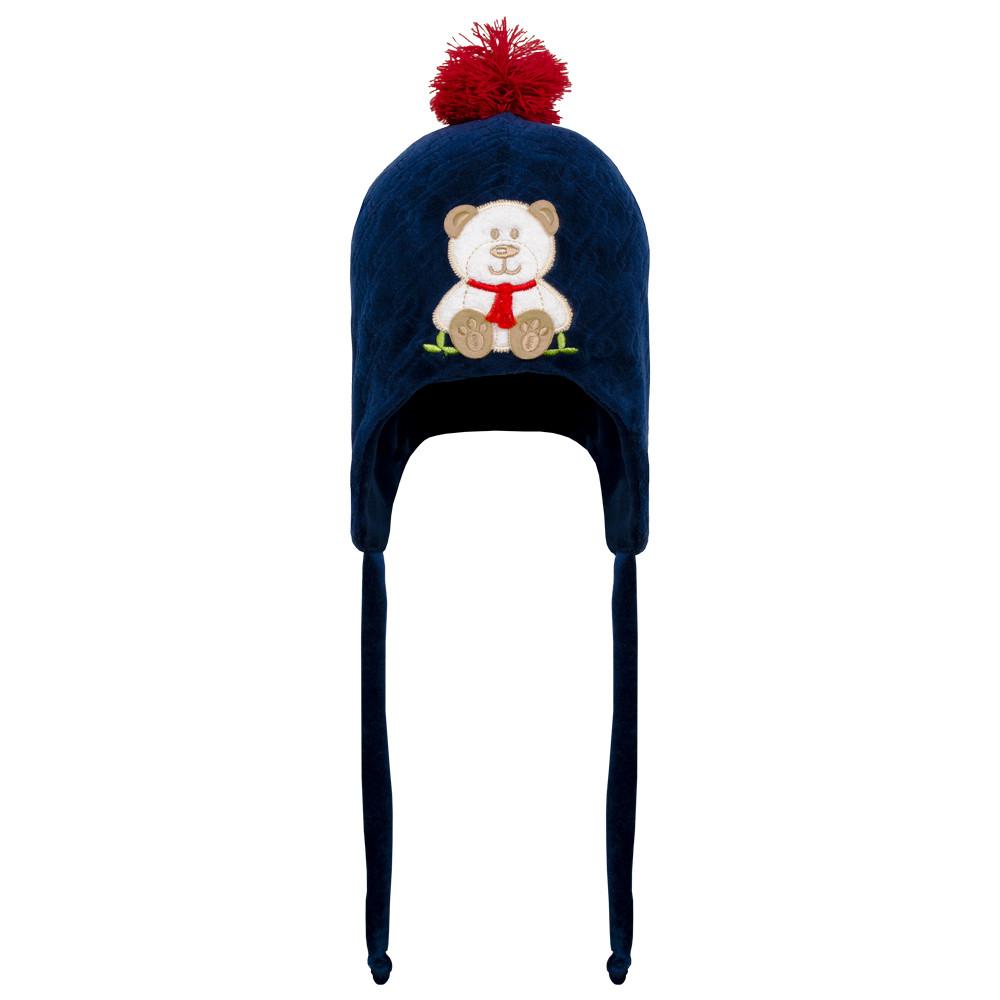 TOUCA POMPOM COM AMARRAÇÃO PARA BEBÊ EM PLUSH COM BORDADO URSINHO MARINHO