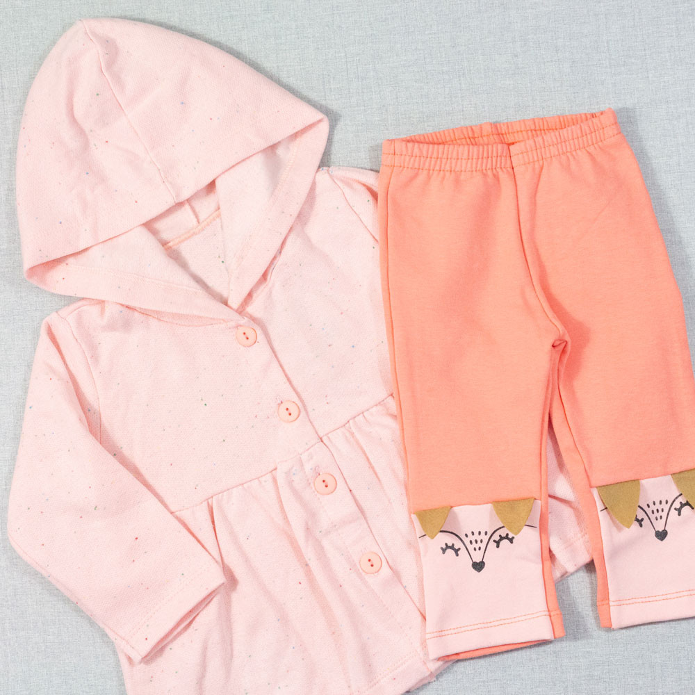 CONJUNTO PARA BEBÊ EM MOLETOM LONGO CAPUZ RAPOSA ROSA SALMÃO