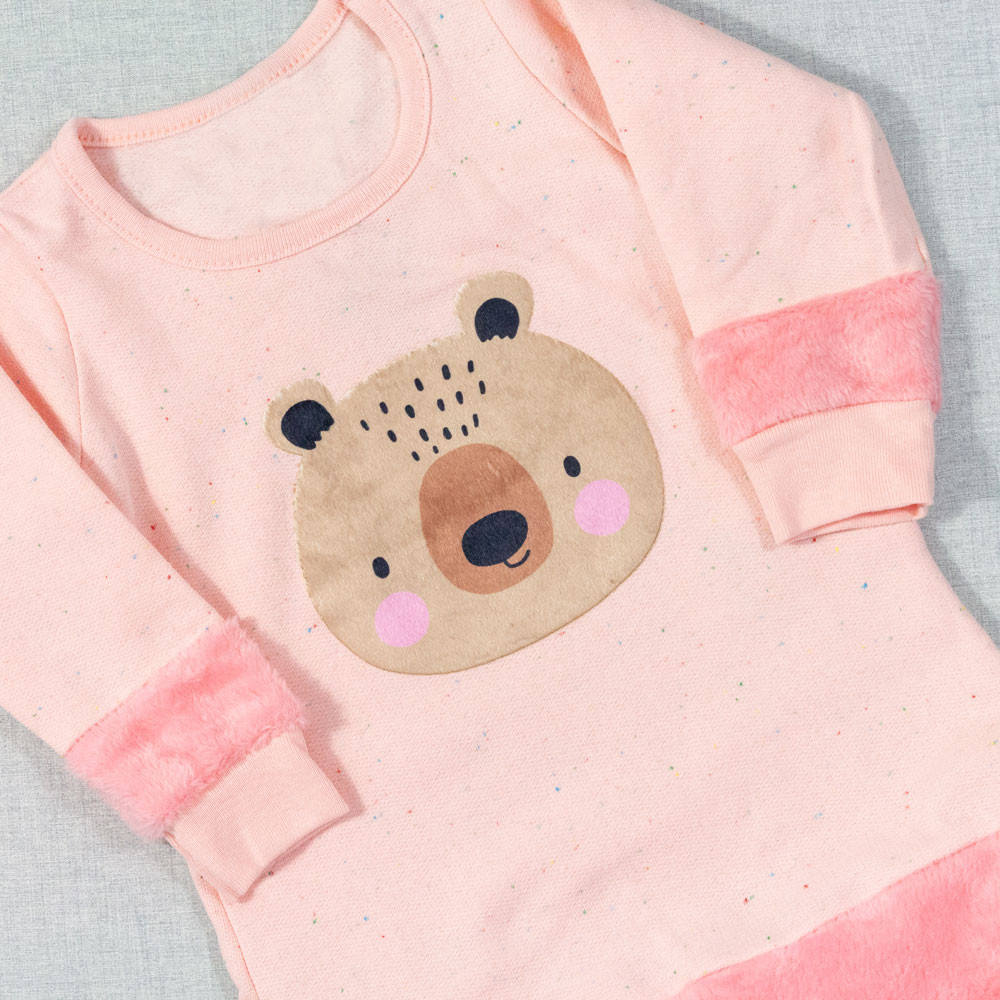 VESTIDO INFANTIL 1 AO 3 DE MOLETOM COM PELUCIA BEAR SALMÃO