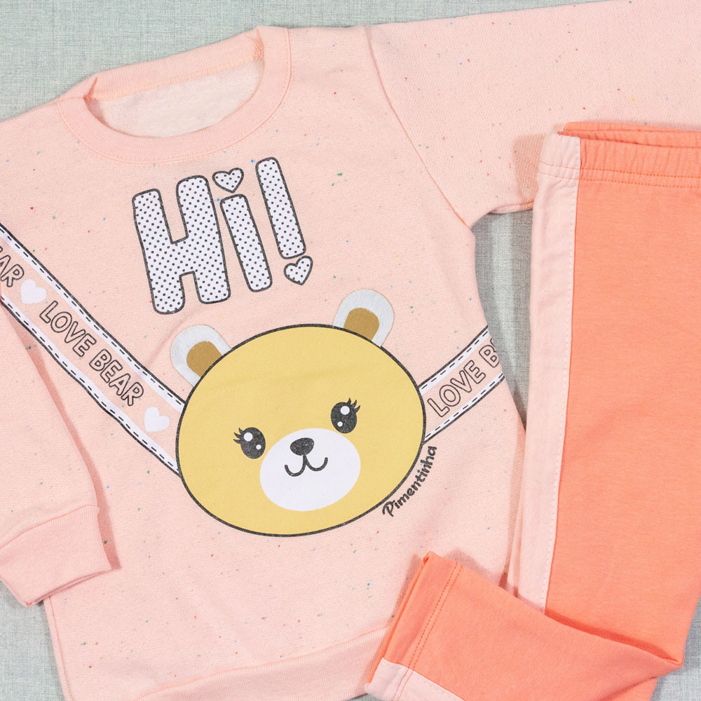 CONJUNTO INFANTIL 1 AO 3 MOLETOM LOVE BEAR SALMÃO