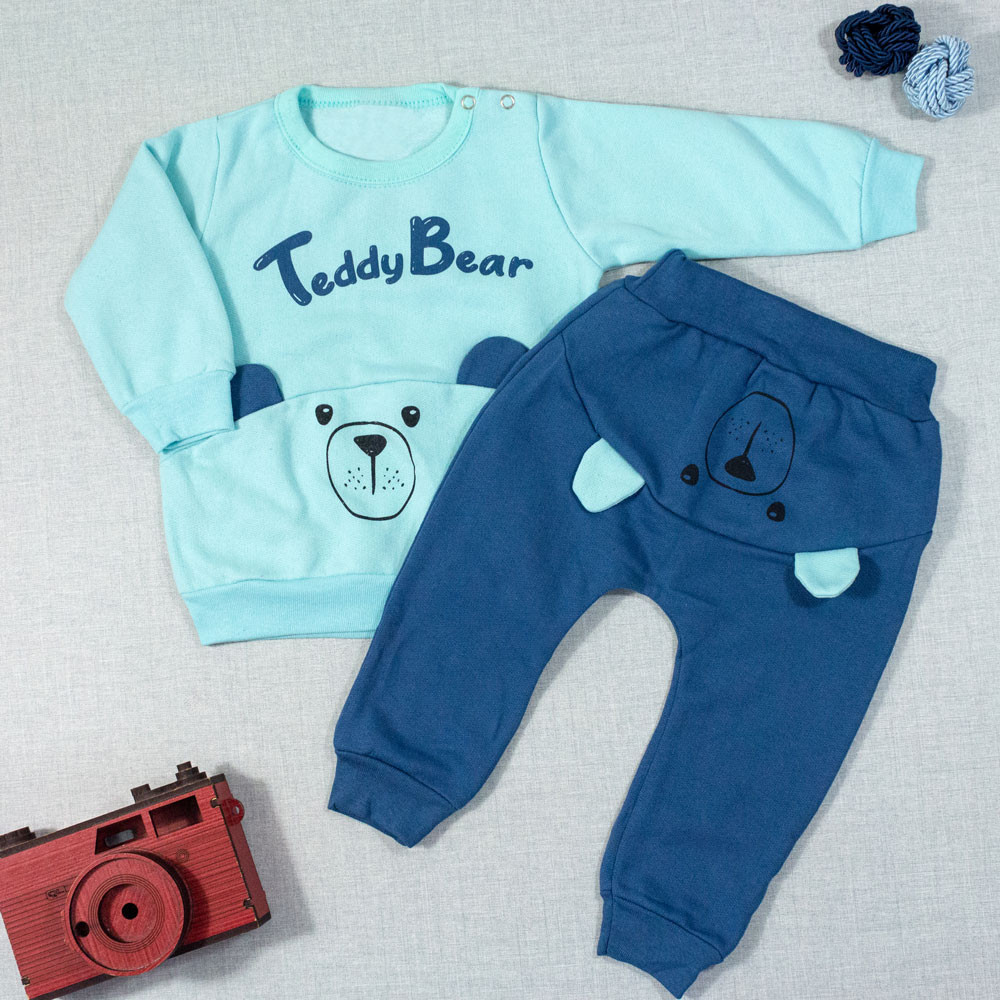 CONJUNTO PARA BEBÊ EM MOLETOM LONGO TEDDY BEAR AZUL CLARO