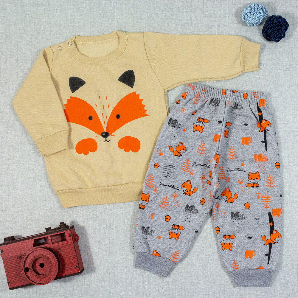 CONJUNTO PARA BEBÊ EM MOLETOM LONGO RAPOSA BEGE