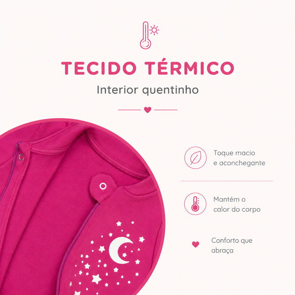 Macacão Térmico Bebê Brilha no Escuro Noite Quentinha Pink de 0 a 12 Meses