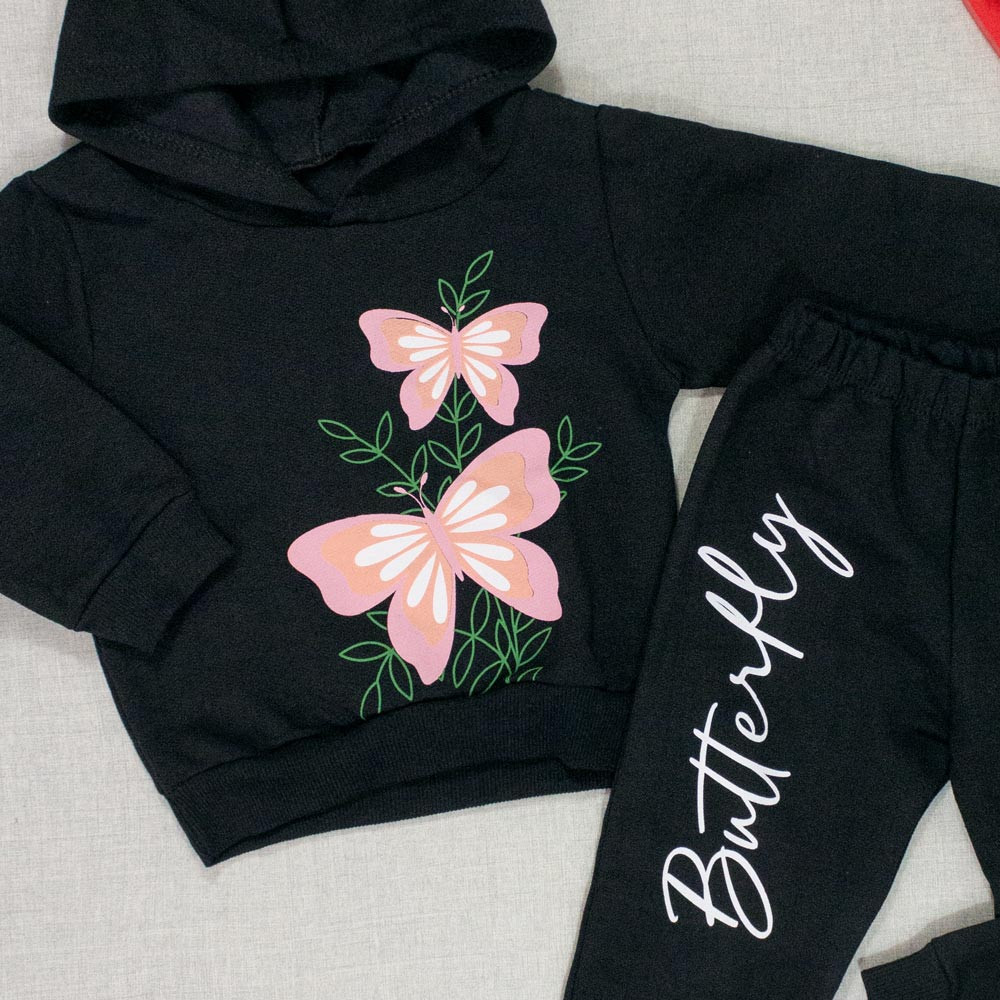 Conjunto para Bebês de Moletom com Capuz Borboletas Preto