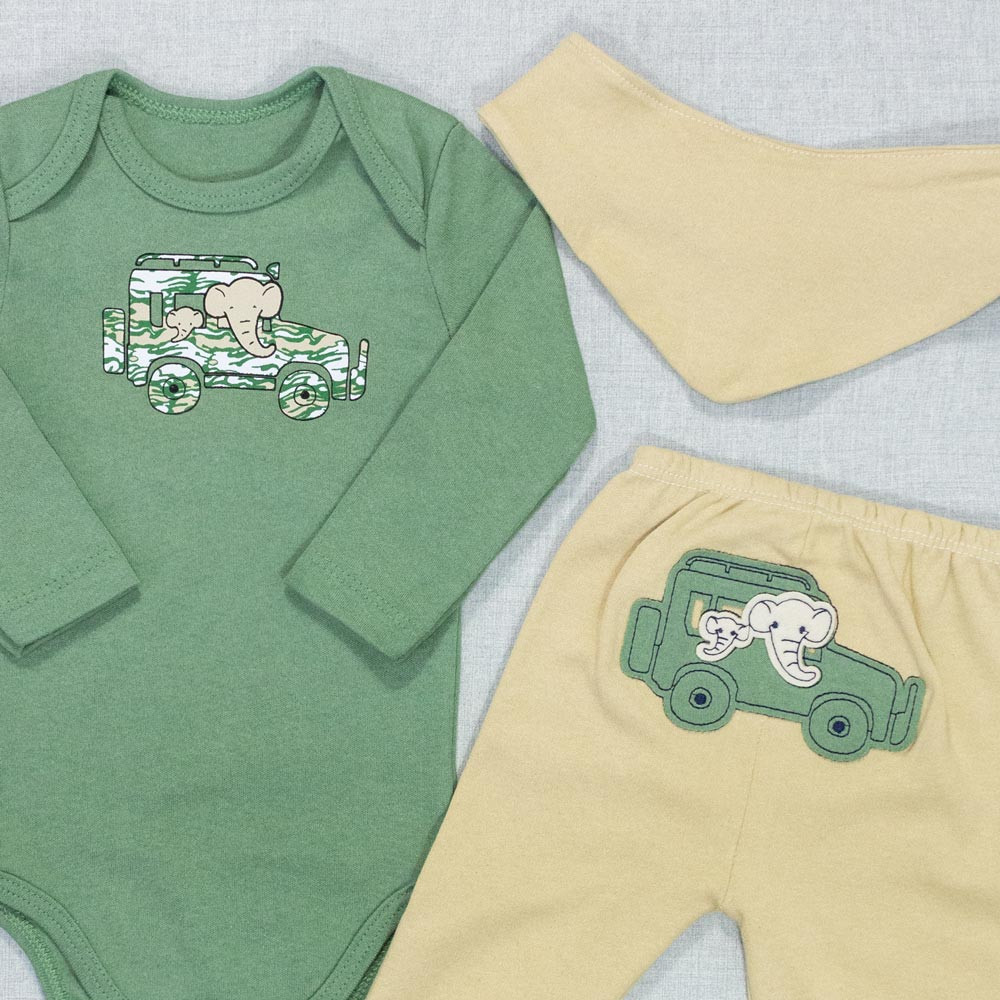 Conjunto para Bebê Menino 3 Peças Safari Car Verde com Bege