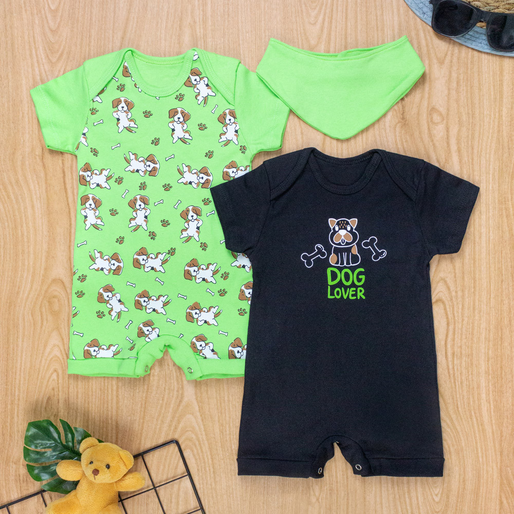 Macacões Curtos para Bebê e Bandana - Tema Dog Verde e Preto