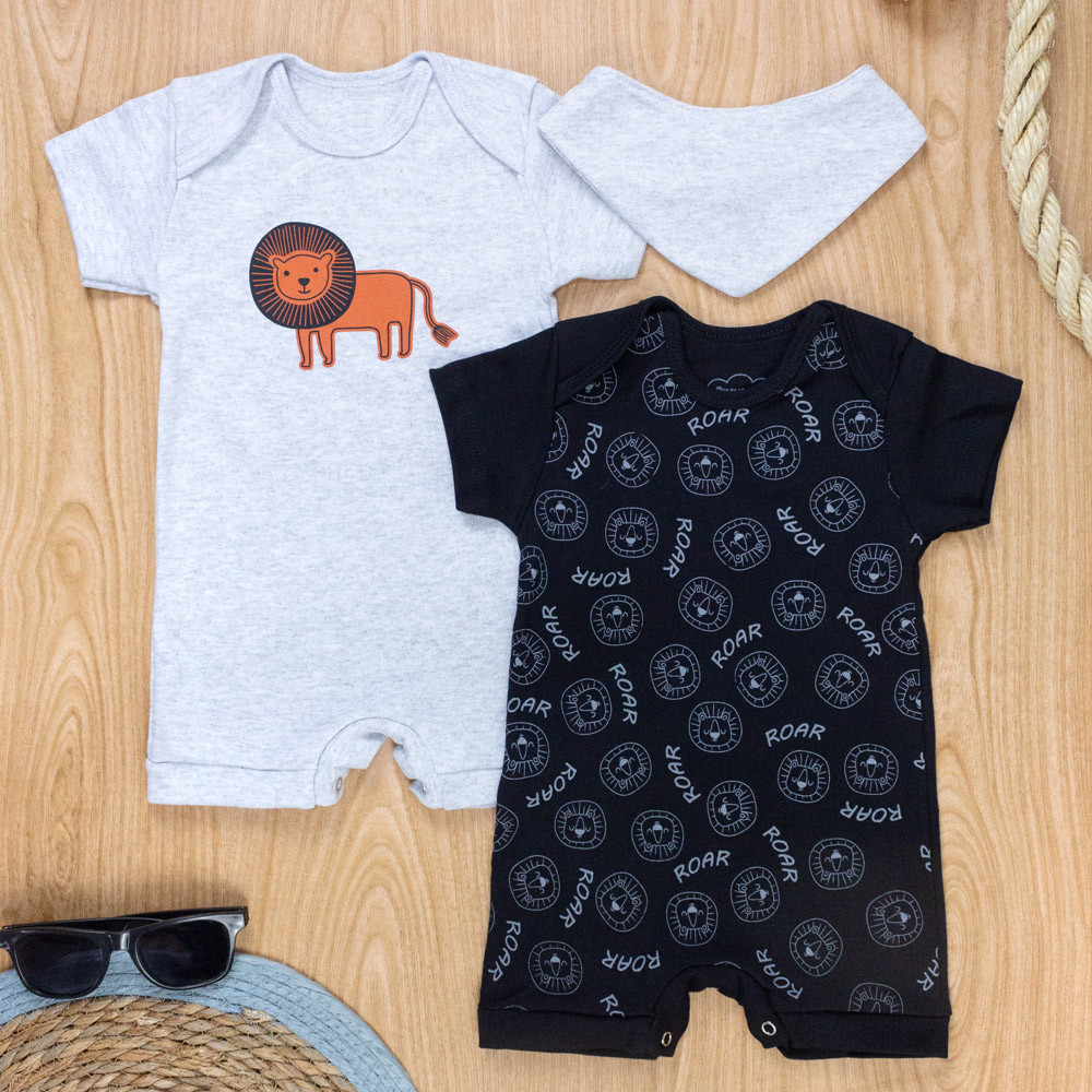Conjunto de Macacões Leão e Bandana Verão - Mescla/Preto
