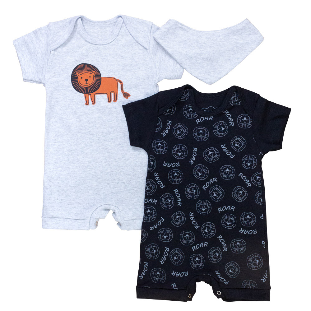 Conjunto de Macacões Leão e Bandana Verão - Mescla/Preto