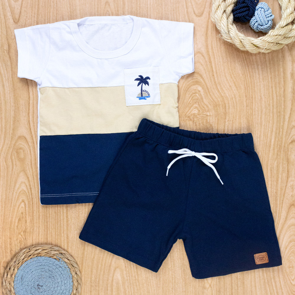 Conjunto Camiseta Coqueiro e Bermuda - Branco para Meninos