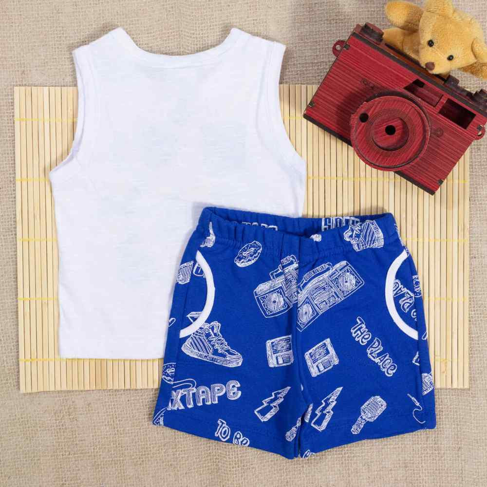 CONJUNTO CURTO REGATA E BERMUDA PARA BEBÊ ESTAMPA BOYS BRANCO