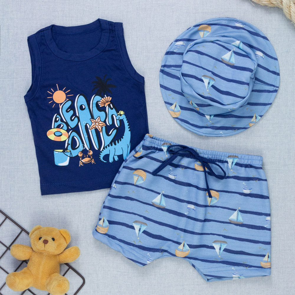 Conjunto Regata Bebê Camiseta Estampada Chapéu Bucket Bermuda