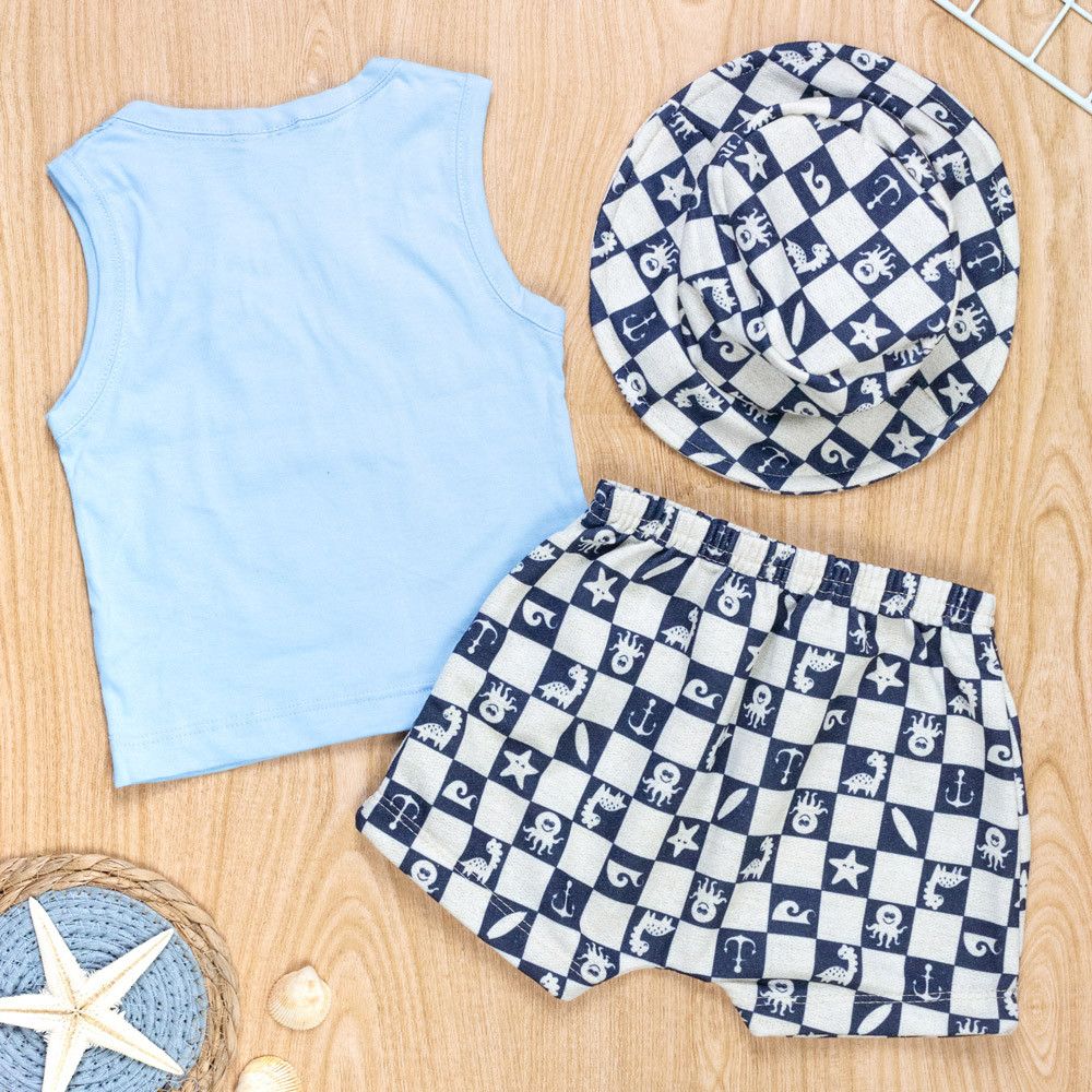 Conjunto de Verão Bebê com Chapéu - Fundo do Mar Azul Claro