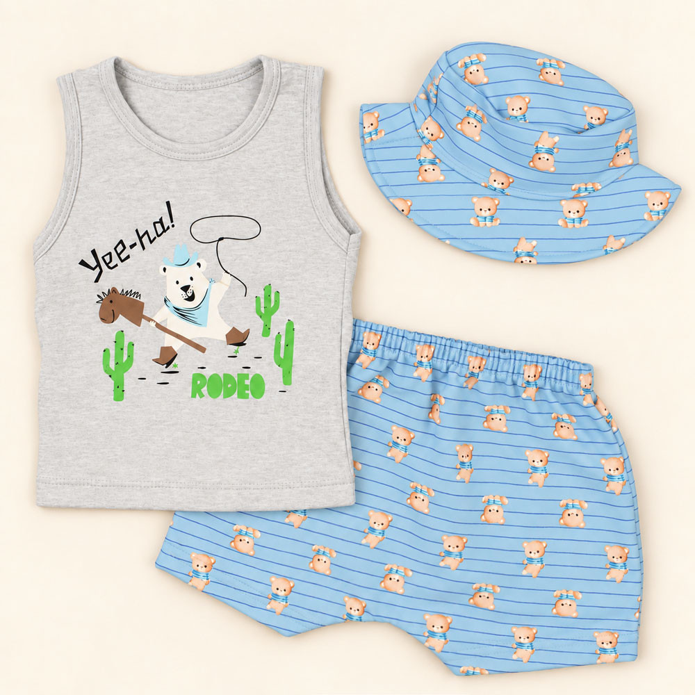 Conjunto Verão Bebê 3 Peças Regata Bermuda e Chapéu Bucket Azul 
