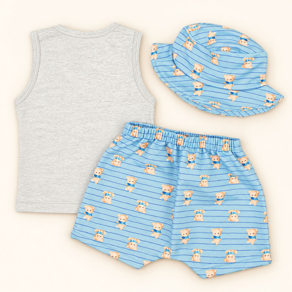 Conjunto Verão Bebê 3 Peças Regata Bermuda e Chapéu Bucket Azul 