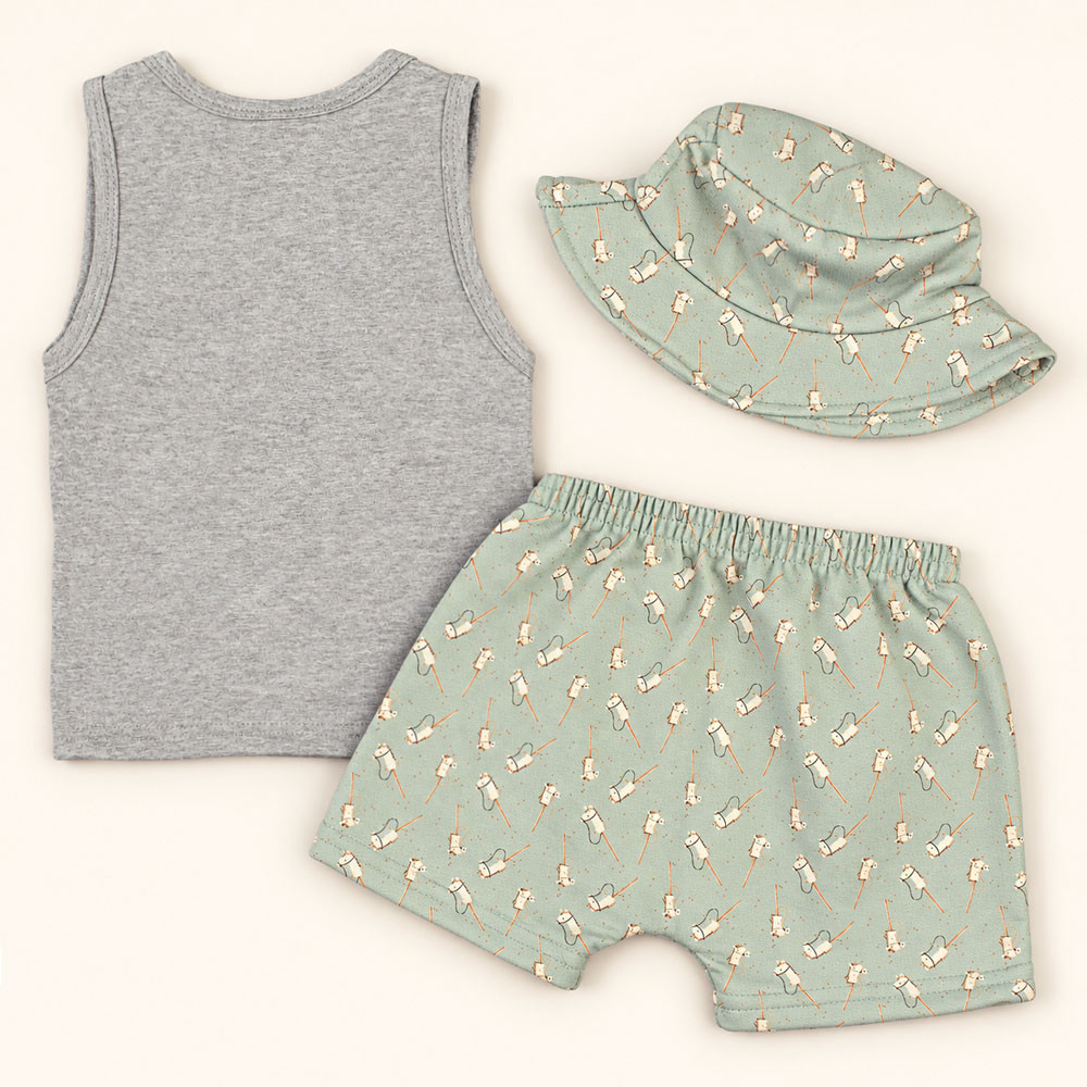 Conjunto Verão Bebê 3 Peças Regata Bermuda e Chapéu Bucket Mescla