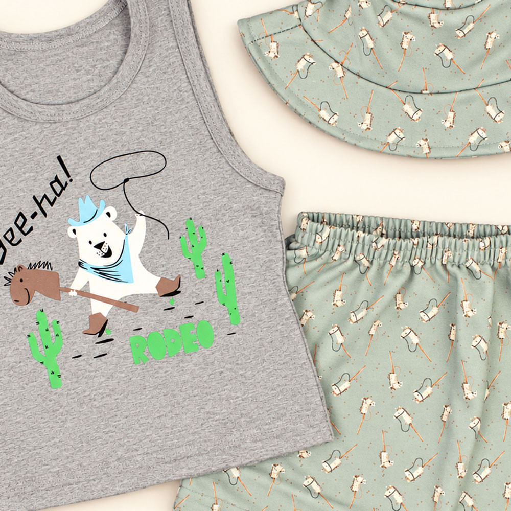 Conjunto Verão Bebê 3 Peças Regata Bermuda e Chapéu Bucket Mescla