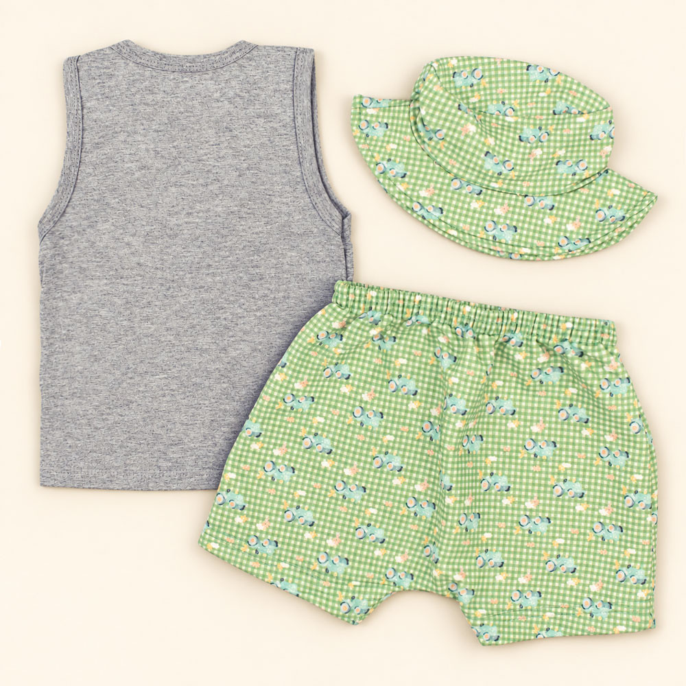 Conjunto Verão Bebê 3 Peças Regata Bermuda e Chapéu Bucket Verde