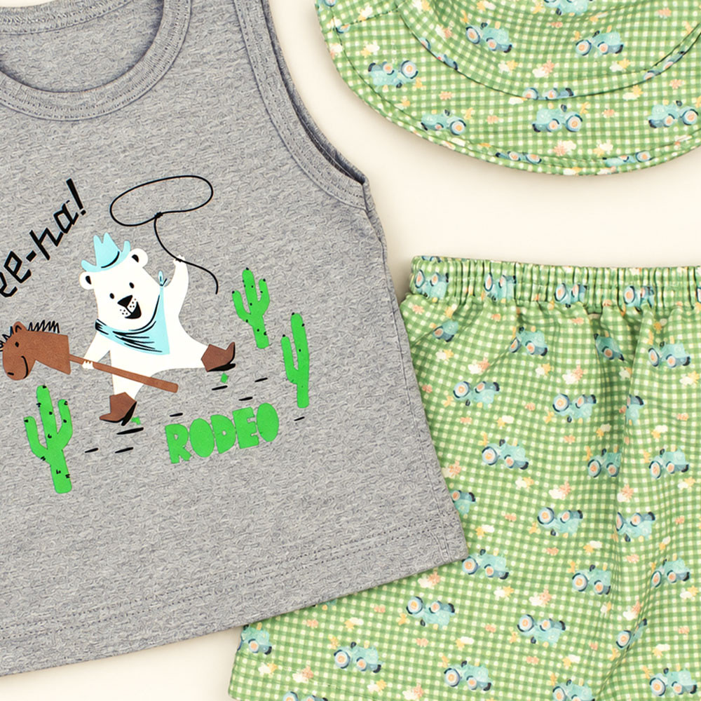 Conjunto Verão Bebê 3 Peças Regata Bermuda e Chapéu Bucket Verde