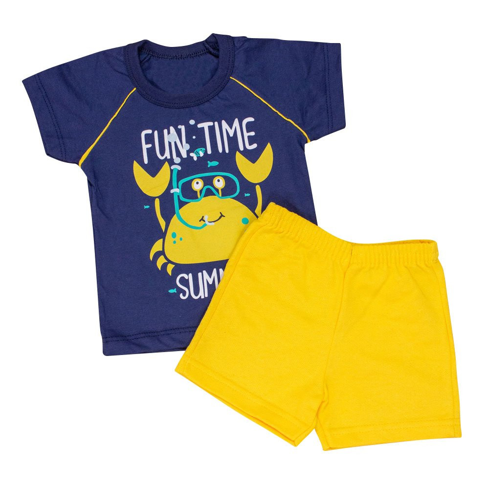 CONJUNTO PARA BEBÊ CAMISETA RAGLAN E SHORTS FUN TIME AMARELO
