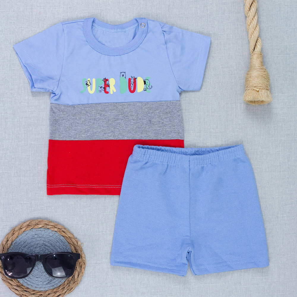 Conjunto Bebê Menino Camiseta Manga Curta Com Dois Botões e Bermuda Azul 