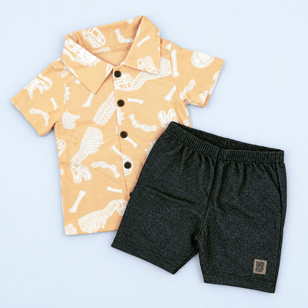 Conjunto Bebê Menino Polo Estampada E Shorts Bege Até 12 Meses