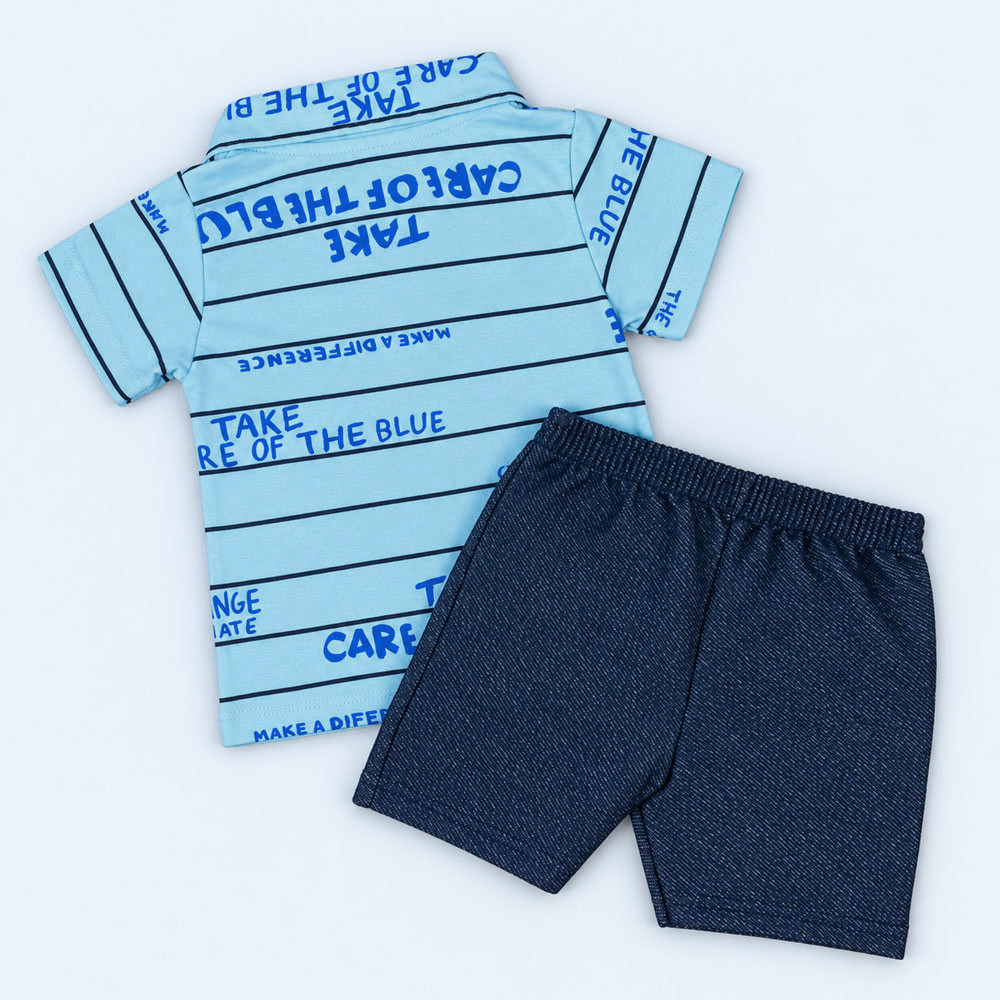 Conjunto Bebê Menino Polo Estampada E Shorts Azul Até 12 Meses