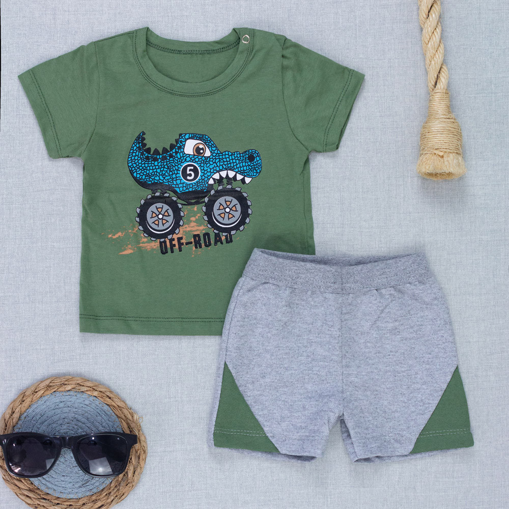 Conjunto Bebê Menino Camiseta Manga Curta Com Dois Botões e Bermuda Verde